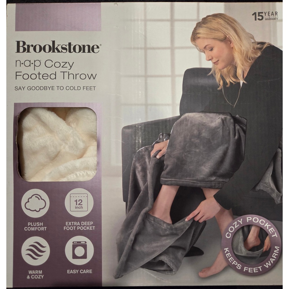 Brookstone nap Cozy Footed Throw Blanket Ivory Cream Plush Foot Pocket 50x70